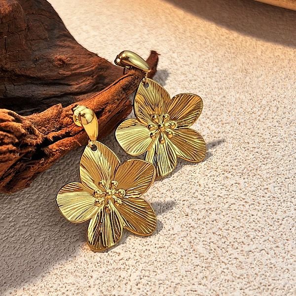 304 Stainless Steel Dangle Stud Earrings, Flower, Golden, 40X31Mm-image