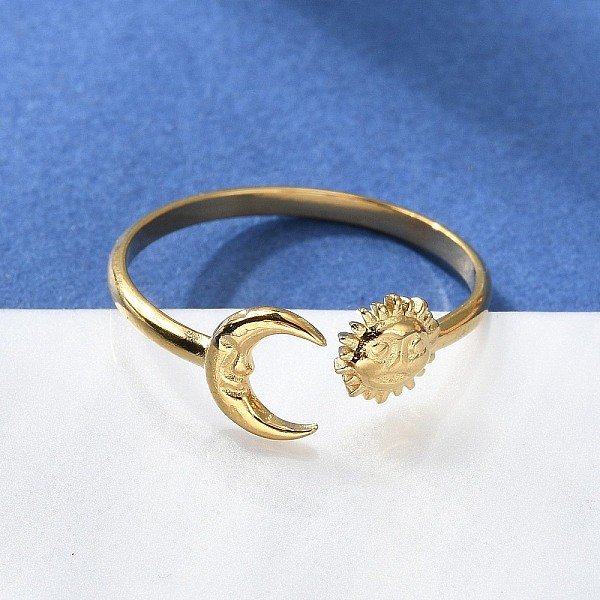304 Stainless Steel Finger Rings, Open Cuff Ring For Women, Golden, Moon & Sun, Us Size 7 1/2(17.7Mm), 1.5-7Mm-image