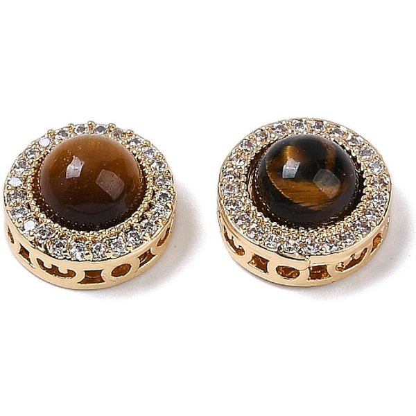 LatóN Con Eslabones Multihilo Planos Redondos De Circonita CúBica Y Ojo De Tigre, Sin Cadmio Y NíQue Y Plomo, Real 18K Chapado En Oro, 9.5X6Mm, Agujero: 1 Mm-image