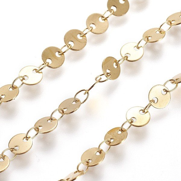 Ion Plating(Ip) 304 Stainless Steel Link Chains, Flat Sequin Chains, Soldered, With Spool, Flat Round, Golden, 5X0.5Mm, About 32.8 Feet(10M)/Roll-image