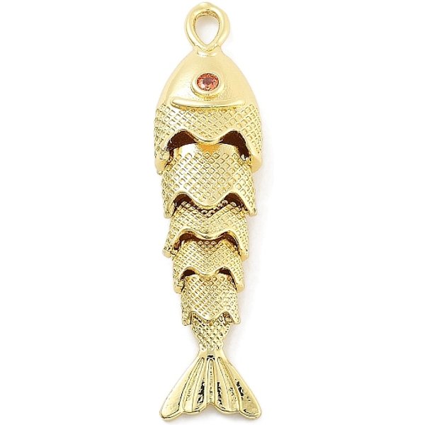 Fish Rack Plating Brass Micro Pave Cubic Zirconia Pendants, Lead Free & Cadmium Free, Long-Lasting Plated,, Golden, 40X10X7.5Mm, Hole: 3.5X1.8Mm-image