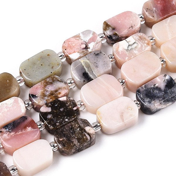 Natural Pink Opal Beads Strands, With Seed Beads, Rectangle, 11.5-12X7-7.5X4.5-5.5Mm, Hole: 0.8Mm, Seed Beads: 3X3X2, Hole: 0.8Mm, About 14Pcs/Strand, 7.68''(19.5Cm)-image