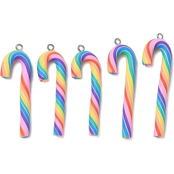 Handmade Polymer Clay Big Pendants, Candy Cane, With Iron Loops, Colorful, 46-52X12-14X4-4.5Mm, Hole: 2Mm-image