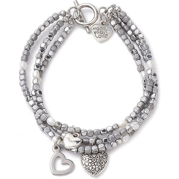 Würfelförmige, galvanisierte, synthetische, nicht magnetische Hämatit- und Naturperlen-Mehrstrang-Perlenarmbänder, 304 Edelstahl-Herz-Charm-Armbänder für Damen, 7-3/4 Zoll (19.8 cm)
