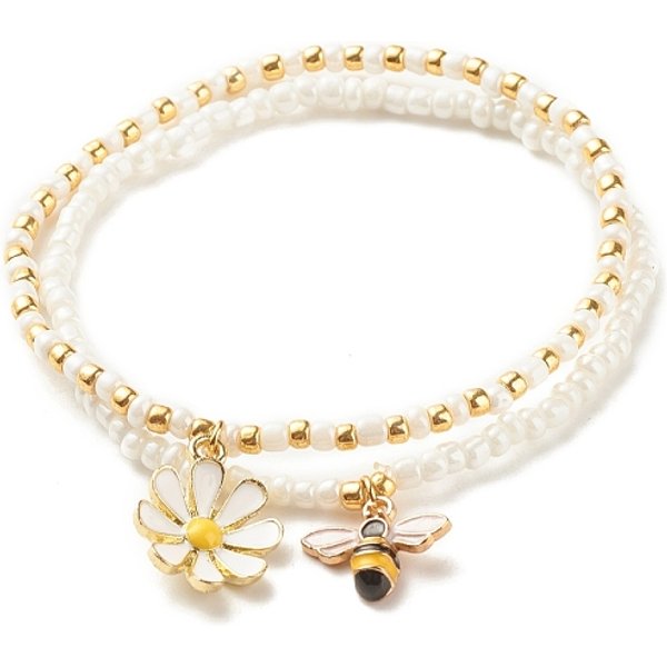 2 Stück Glasperlen-Stretcharmbänder, Legierungs-Emaille-Bienen- und Blumen-Armband für Frauen, weiß, Innendurchmesser: 2-1/8-2-1/4 Zoll (5.5-5.6 cm), 1pc / style