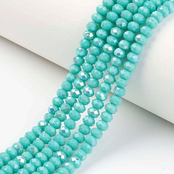Electroplate Opaco Colore Solido Perle Di Vetro Fili, Mezzo Arcobaleno Placcato, Sfaccettato, Rondelle, Turchese, 4X3Mm, Foro: 0.4 Mm, Circa 110-115Pcs/Filo, 39-40Cm-image