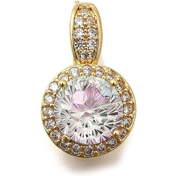 Brass Micro Pave Cubic Zirconia Pendants, Flat Round Charms, Real 18K Gold Plated, Colorful, 19X11X10Mm, Hole: 5.5X3.5Mm-image