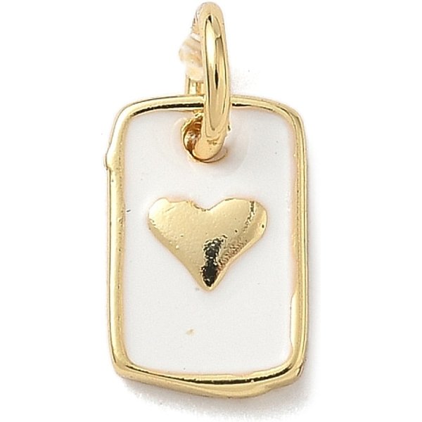 Brass Enamel Charms, Rectangle With Heart Charms, Rack Plating, Cadmium Free & Lead Free, Long-Lasting Plated, Real 18K Gold Plated, White, 10.5X6.5X2Mm, Hole: 3.5Mm-image