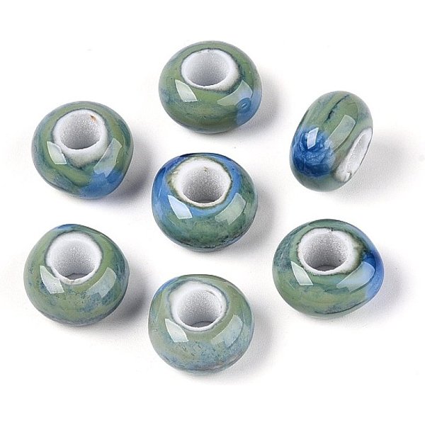Handmade Porcelain Beads, Fancy Antique Glazed Porcelain, Large Hole Beads, Rondelle, Dark Sea Green, 15x8mm, Hole: 6mm