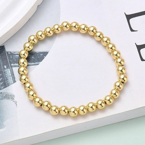 Brass Round Beaded Stretch Bracelets for Men Women, Rack Plating, Long-Lasting Plated, Lead Free & Cadmium Free, Real 18K Gold Plated, 1/4 inch(0.6cm), Inner Diameter: 2-1/8 inch(5.4cm)
