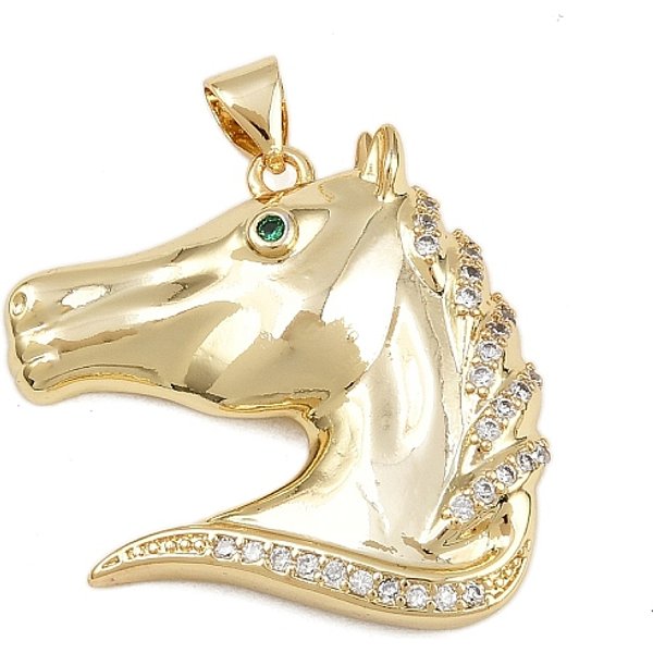 Brass Micro Pave Cubic Zirconia Pendants, Horse, Real 16K Gold Plated, 27X25.5X6Mm, Hole: 4.5X3.5Mm-image