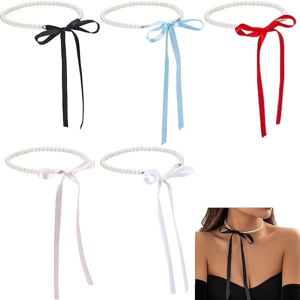 5 PièCe De 5 Couleurs De Perles Rondes En Plastique Abs Avec Pendentif En Cordon Polyester Pour Colliers Pour Femmes, Couleur Mixte, 47.24 Pouce (120 Cm), 1 Pc / Couleur-image