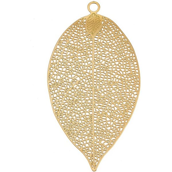 Colgantes Con Adornos De Metal Grabado En Acero Inoxidable 304, Encanto De La Hoja, Real 18K Chapado En Oro, 78X41X0.5Mm, Agujero: 3.9 Mm-image