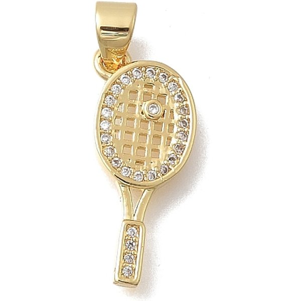 Messing Mikro Ebnen Zirkonia AnhäNger, SchläGer, Cadmiumfrei Und Bleifrei, Gestell, Langlebig Plattiert, Echtes 18K Vergoldet, Transparent, 20.5X8.5X2 Mm, Bohrung: 4.5X3.5 Mm-image