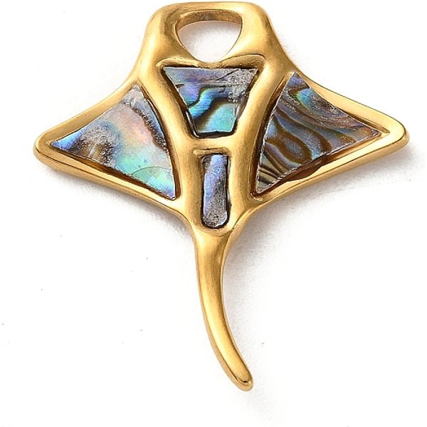 Natural Abalone Shell/Paua Shell Pendants, Fish Charms With 304 Stainless Steel Settings, Ion Plating(Ip), Golden, 29X25X2.5Mm, Hole: 4X4Mm-image