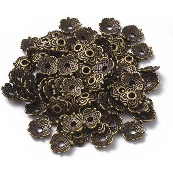 4 -Petal Tibetischen Stil Legierung Blume Perlenkappen, Cadmiumfrei Und Nickel Frei Und Bleifrei, Antik Bronze, 8X8X2 Mm, Bohrung: 2 Mm-image