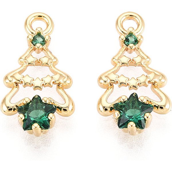 Messing Mikro Ebnen Zirkonia Charme, Tannenbaum, Langlebig Plattiert, Nickelfrei, Echtes 18K Vergoldet, GrüN, 14.5X7.5X2.5 Mm, Bohrung: 1.4 Mm-image