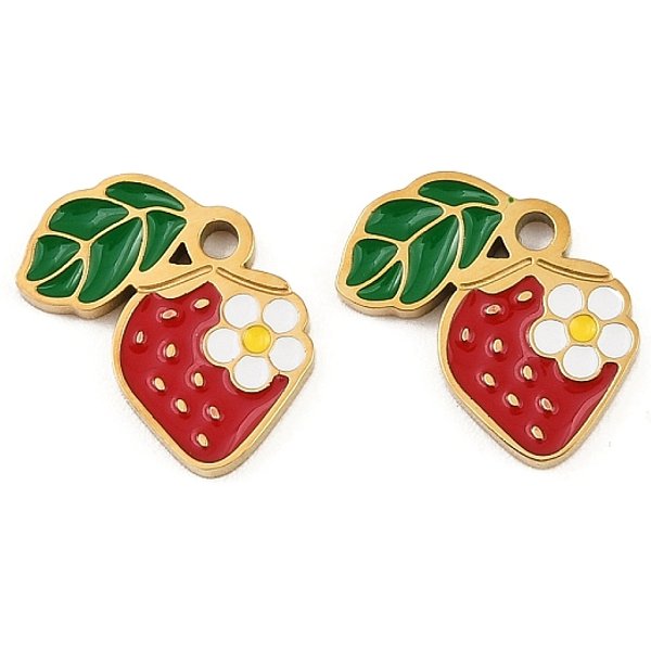 Fruit 304 Stainless Steel Enamel Charms, Ion Plating(Ip), Golden, Strawberry, 12.5X11.5X1.5Mm, Hole: 1.4Mm-image