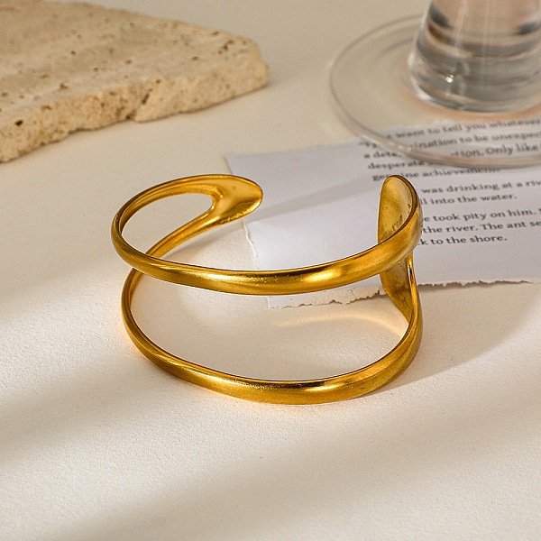 304 Stainless Steel Cuff Bangles For Women, Golden, 1-1/4 Inch(3.2Cm), Inner Diameter: 2-1/8 Inch(5.5Cm)-image