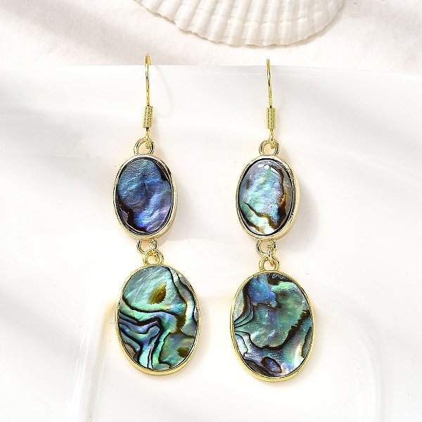 Boucles D'oreilles Pendantes En Laiton Et Coquille D'ormeau Naturelle, Plaqué Longue DuréE, CréMaillèRe Plaquage, VéRitable 18K Plaqué Or, Ovale, 64X15.5Mm-image