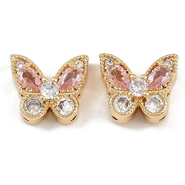 Brass Micro Pave Cubic Zirconia Multi-Strand Butterfly Links, Real 18K Gold Plated, Pink, 11X13X7Mm, Hole: 1.6Mm-image