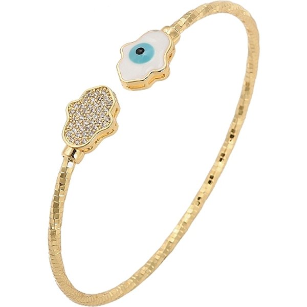 Braccialetti In Ottone Micro Pavé Con Zirconi Cubici Trasparenti Per Donna, Con Smalto, Vero Placcato Oro 18K, Palma, Diametro Interno: 2-1/2X1-7/8 Pollice (6.3X4.9 Cm)-image