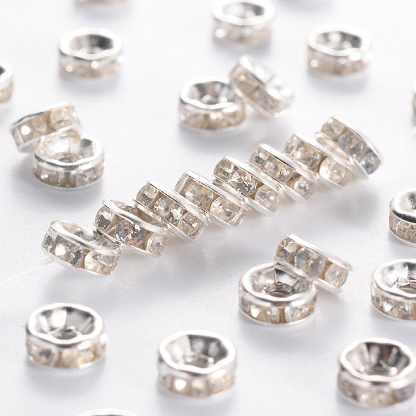 Iron Crystal Rhinestone Spacer Beads, For Jewelry Craft Making Findings, Grade B, Rondelle, Straight Edge, Silver, 6X2.5Mm, Hole: 1.5-1.6Mm-image