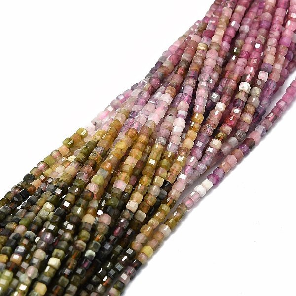 Natural Colorful Tourmaline Beads Strands, Faceted Table Cut Cube, 2X2X2Mm, Hole: 0.6Mm, About 173Pcs/Strand, 15.55''(39.5Cm)-image