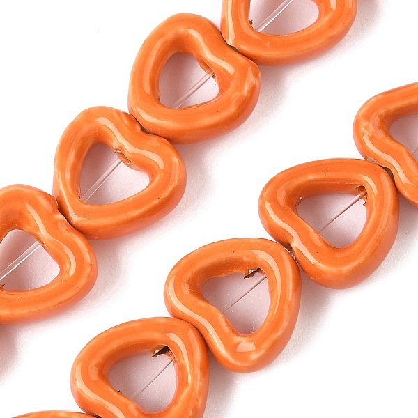 Chapelets De Perles En Porcelaine Manuelle, CœUr, Porcelaine éMailléE Lumineux, Orange, 13X14.5X5Mm, Trou: 1.4Mm, Environ 25 Pcs/Chapelet, 12.60'' (32 Cm)-image