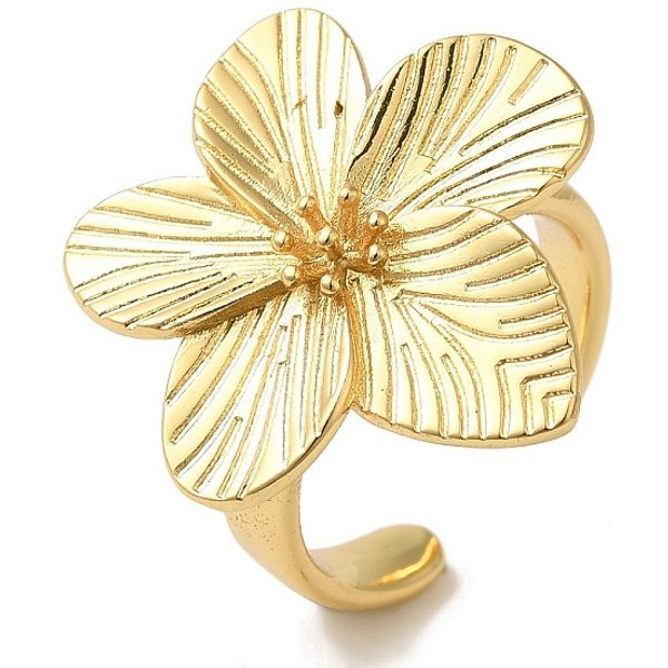 Flower Rack Plating Brass Cuff Rings for Women, Cadmium Free & Lead Free, Long-Lasting Plated, Real 18K Gold Plated, Flower: 24x23.5mm, Adjustable