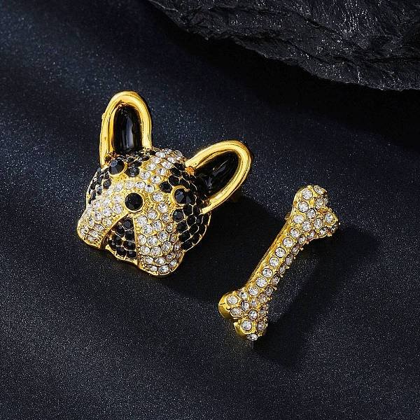 2Pcs Alloy Rhinestone Brooch, Exquisite Lapel Pins For Clothes, Dog & Bone, Golden, 30.5X31.5Mm & 11X34.5Mm-image