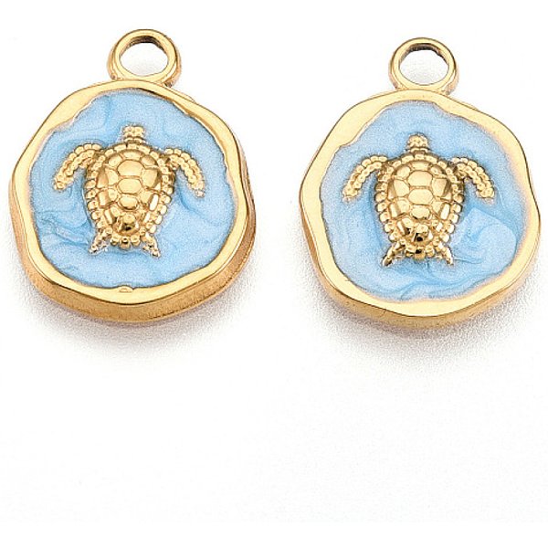 304 Stainless Steel Pendants, With Enamel, Flat Round With Turtle Charms, Ion Plating(Ip), Real 18K Gold Plated, Light Sky Blue, 16.5X13X2.5Mm, Hole: 2.5Mm-image