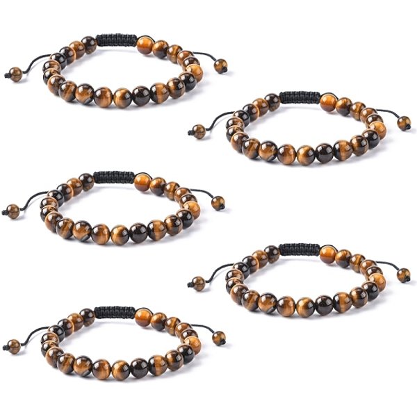 Adjustable Nylon Cord Braided Bead Bracelets, with Tiger Eye Beads, 2-1/8 inch(55mm)