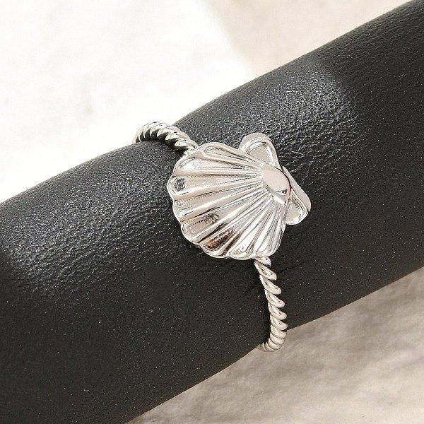 Shell 304 Stainless Steel Open Cuff Rings For Women, Stainless Steel Color, Shell: 10X10Mm, Inner Diameter: Adjustable-image