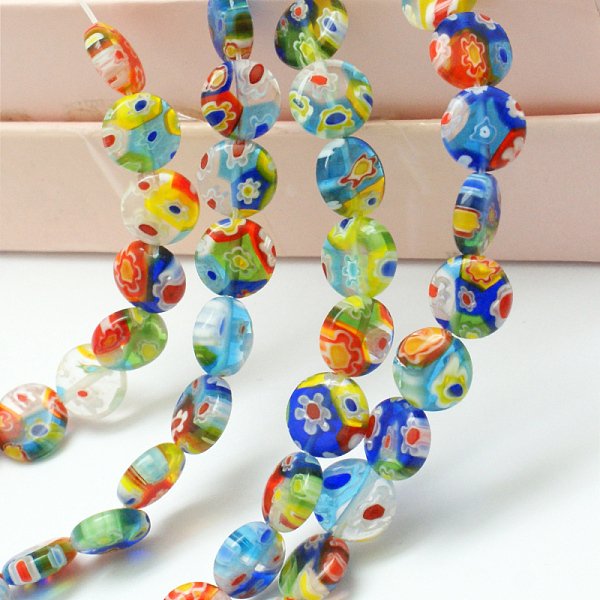 Millefiori Glass Flat Round Bead Strands, Colorful, 10X3-4Mm, Hole: 1Mm, About 36-38Pcs/Strand, 14 Inch-image