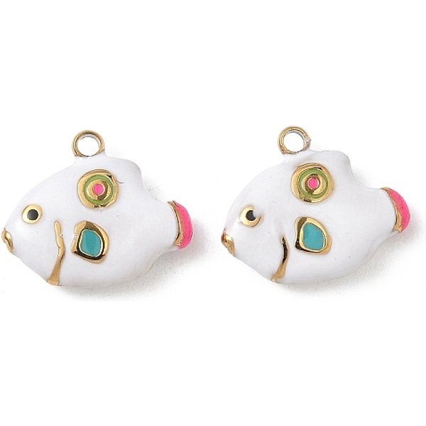 304 Stainless Steel Charms, With Enamel, Ion Plating(Ip), Fish Charm, Real 18K Gold Plated, White, 12X14X3Mm, Hole: 1.5Mm-image