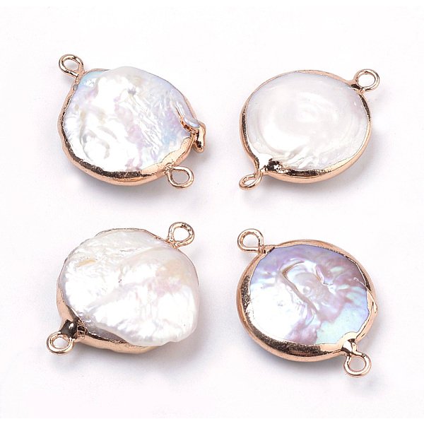 Plated Natural Baroque Pearl Keshi Pearl Links connectors, with Iron Findings, Flat oval, Golden, 22-32x15-21x2-8mm, Hole: 1.6mm