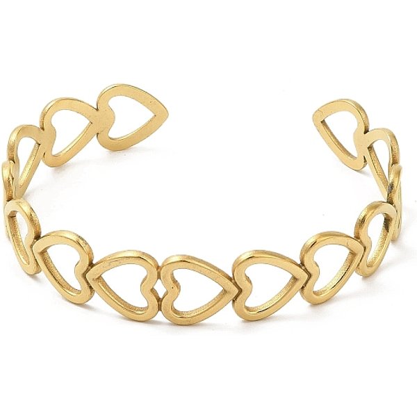 Ion Plating(Ip) 304 Stainless Steel Heart Open Cuff Bangle For Women, Real 18K Gold Plated, Inner Diameter: 2-3/8 Inch(6.05Cm)-image