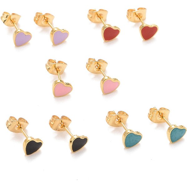 304 Stainless Steel Enamel Stud Earrings, With 316 Surgical Stainless Steel Pin, Golden, Heart, Mixed Color, 5.5X6X2Mm, Pin: 0.8Mm-image