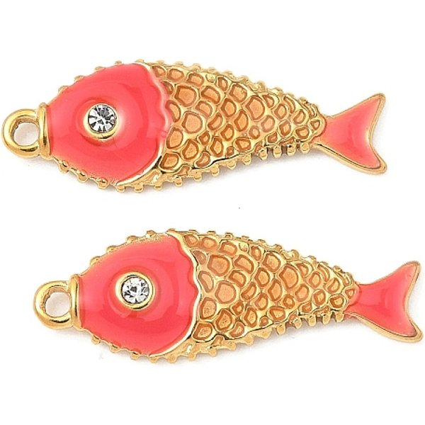 304 Stainless Steel Pendants, Fish, With Enamel And Rhinestone, Real 18K Gold Plated, 8.5X23.5X2Mm, Hole: 1.4Mm-image