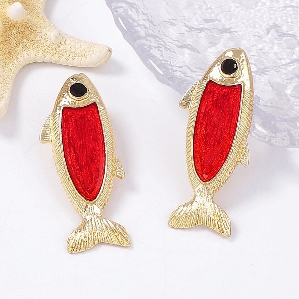 Alloy Fish Stud Earrings, With Enamel, Golden, 49X21Mm-image