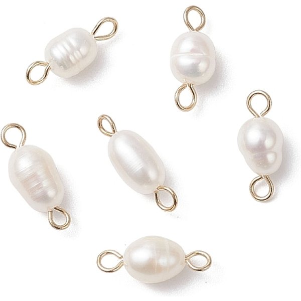 Natural Cultured Freshwater Pearl Rice Connector Charms, With 304 Stainless Steel Double Loops, White, Real 18K Gold Plated, 13.5-14.5X5-6Mm, Hole: 1.5Mm And 2Mm-image