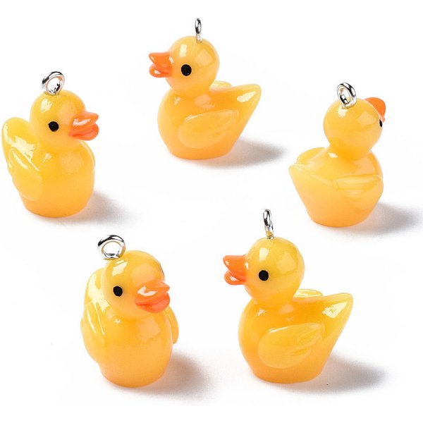Opaque Resin Pendants, With Platinum Tone Iron Loop, 3D Duck, Gold, 22-23X16.5X13.5Mm, Hole: 2Mm-image
