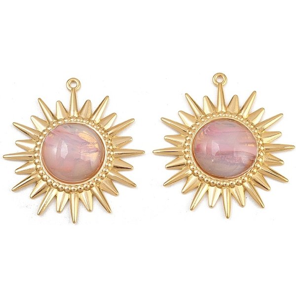 304 Stainless Steel Pendants, Sun, With Glass Bead, Pvd Vacuum Plating, Real 18K Gold Plated, Pink, 49.5X45.5X7Mm, Hole: 2Mm-image