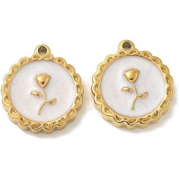 Ciondoli in acciaio inox smaltato 304, oro, modello di fiore, rotondo e piatto, 18x16x3.5mm, Foro: 1.5 mm