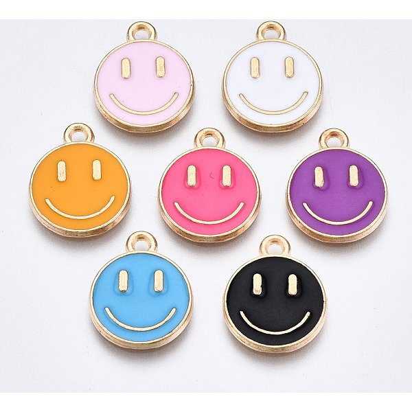 Alloy Enamel Charms, Cadmium Free & Lead Free, Smiling Face, Light Gold, Mixed Color, 14.5X12X1.5Mm, Hole: 1.5Mm-image