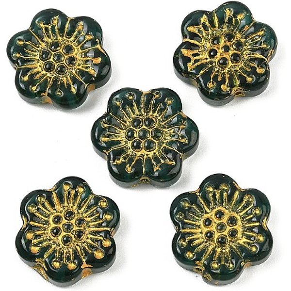 Baking Paint and Golden Metal Enlaced Glass Beads, Flower, Dark Green, 17x18.5x5.5mm, Hole: 1.2mm