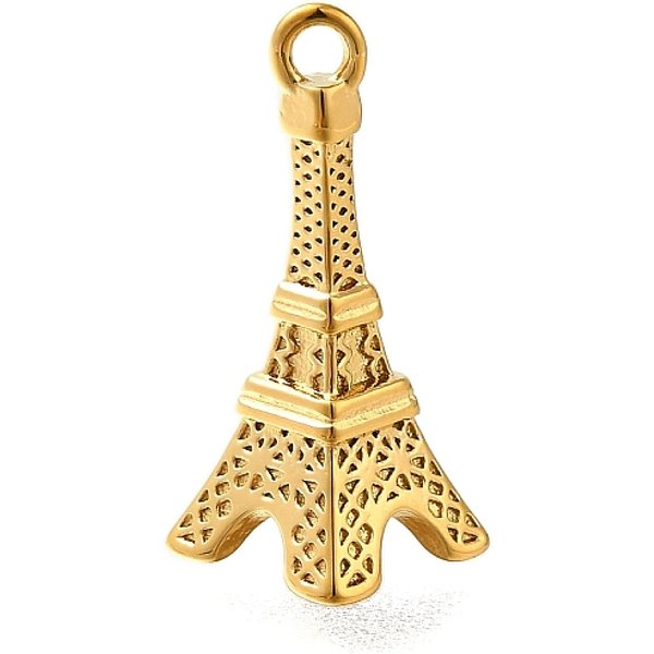 304 Stainless Steel Pendants, Ion Plating(Ip), Eiffel Tower Charm, Real 14K Gold Plated, 20X8.5X8Mm, Hole: 1.6Mm-image