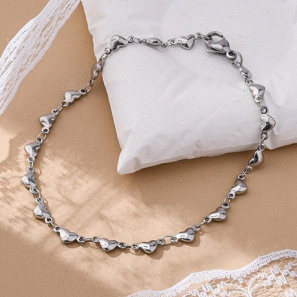 Tarnish Resistant 304 Stainless Steel Heart Link Bracelets, With Lobster Claw Clasps, Stainless Steel Color, 8-1/4 Inch(210Mm), Links: 9X4X2Mm-image
