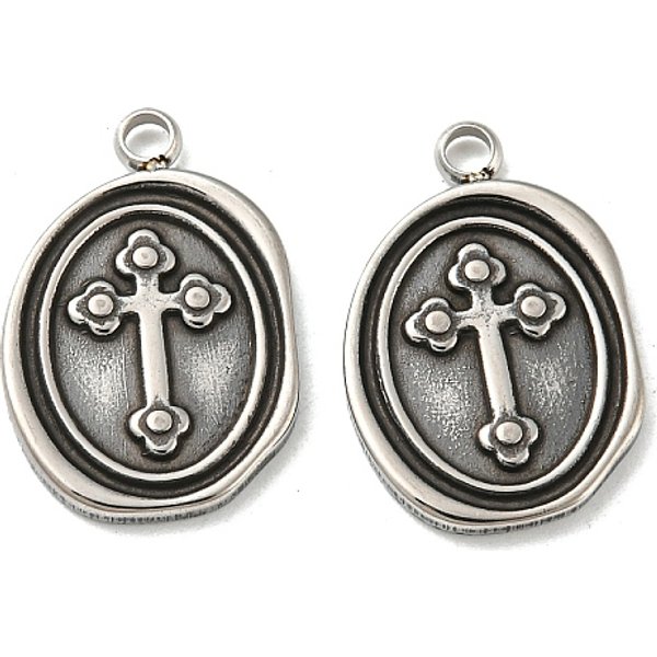 304 Stainless Steel Pendants, Oval With Cross Charms, Antique Silver, 18.5X12.5X1.5Mm, Hole: 1.8Mm-image